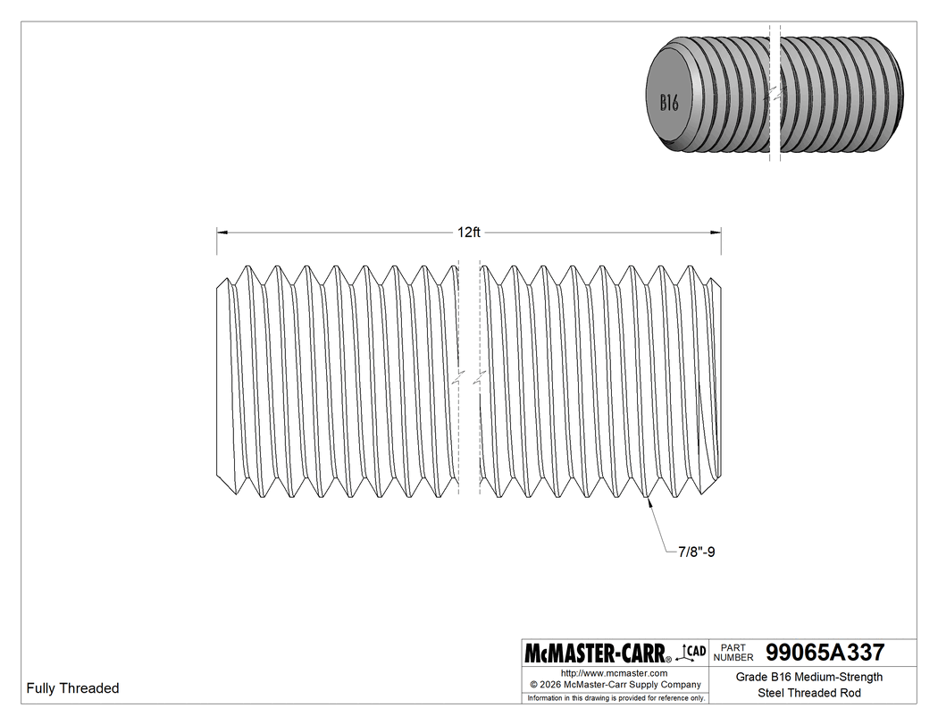 Technical Drawing of Grade B16 Medium-Strength Steel Threaded Rod, 7/8"-9 Thread Size, 12 Feet Long.